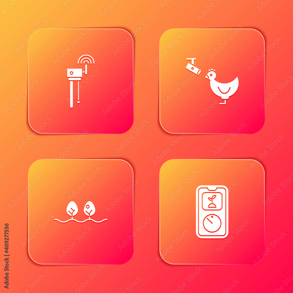 Set Router and wi-fi signal, Chicken farm camera, Plant and Smart farming technology icon. Vector. Set Router and wi-fi signal, Chicken farm camera, Plant and Smart farming technology icon. Vector.