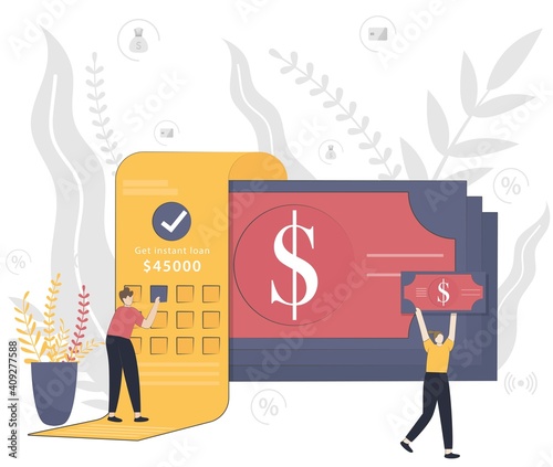 Instant loan vector illustration concept with people working. Online credit, tax payment concept, when tiny people filling get the bill.