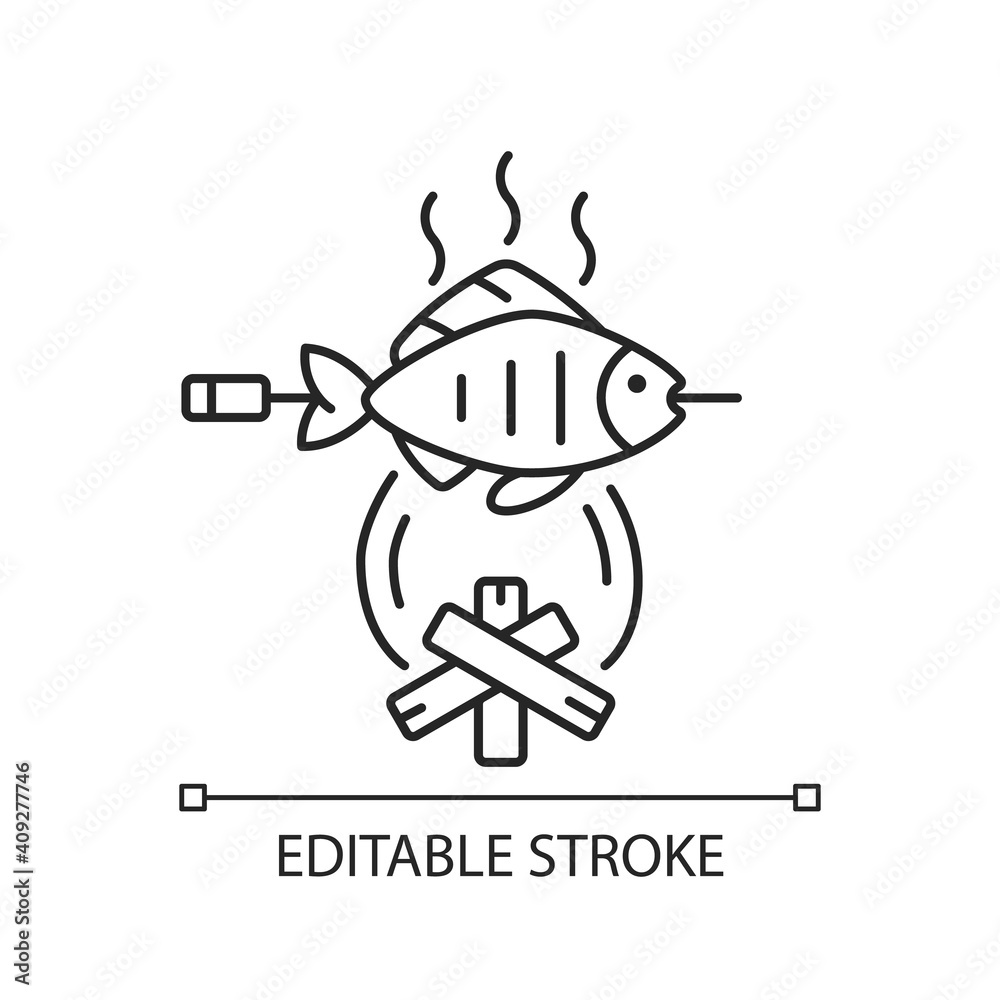 Cooking freshly caught fish linear icon. Sea food. Hobby and leasure activities. Outdoor cooking. Thin line customizable illustration. Contour symbol. Vector isolated outline drawing. Editable stroke
