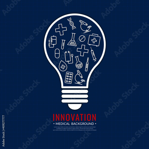 Medical innovation idea blue background. Vector creative light bulb idea with medical.