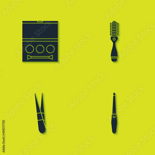 Set Eye shadow palette, Nail file, Eyebrow tweezers and Hairbrush icon. Vector.