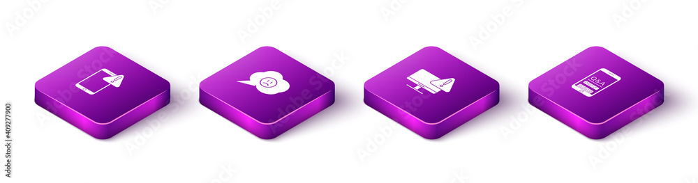 Set Isometric Mobile with exclamation mark, Speech bubble sad smile, Monitor and Question and Exclamation icon. Vector. Set Isometric Mobile with exclamation mark, Speech bubble sad smile, Monitor and Question and Exclamation icon. Vector.