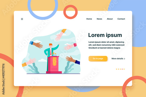Candidate election campaign. Hands of voters pointing at politician flat vector illustration. Political leader, voting, referendum concept for banner, website design or landing web page
