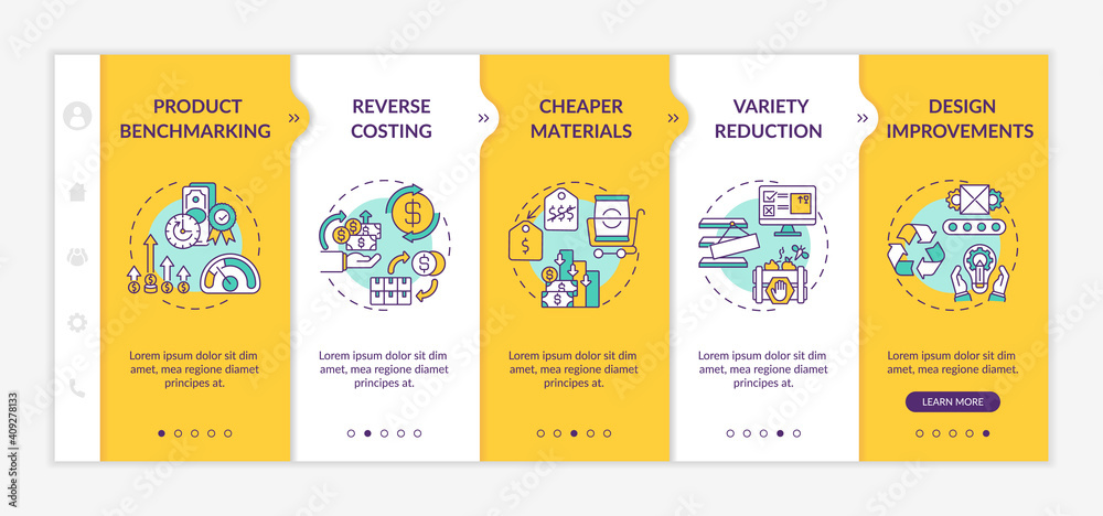 Cost reduction strategies onboarding vector template. Variety reduction. Design improvements Responsive mobile website with icons. Webpage walkthrough 5 steps screens. RGB color concept