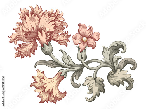 Rose peony carnation flower vintage pink Baroque Victorian floral ornament frame border golden leaf scroll red pattern tattoo vector