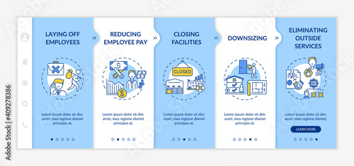 Cost cutting measures onboarding vector template. Responsive mobile website with icons. Eliminating outside services. Downsizing. Webpage walkthrough 5 steps screens. RGB color concept