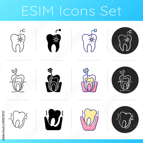 Denistry icons set. Instruments for dental treatment. Dental Implants Procedure. Proffecional teeth recovery. Linear, black and RGB color styles. Isolated vector illustrations