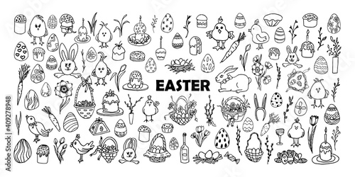 A Huge hand-drawn set on the theme of Easter. Vector doodle collection consists of: Easter eggs, Easter cake, Easter bunnies, willow, flowers, candy,chickens
