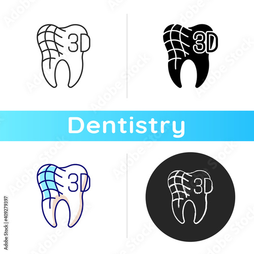 Digital dentistry icon. Dental health idea. Tooth restoration procedure. Stomatology tooth procedures. Dentist practise. Linear black and RGB color styles. Isolated vector illustrations