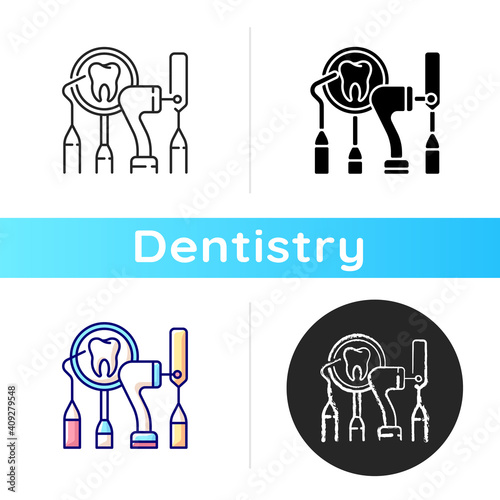 Dental equipment icon. Dental procedures. Instruments for dental treatment. Cosmetic dentistry. City family dentistry. Linear black and RGB color styles. Isolated vector illustrations