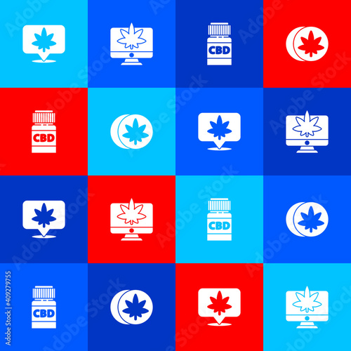 Set Location and cannabis, Monitor marijuana or, Medical bottle with and Herbal ecstasy tablets icon. Vector.