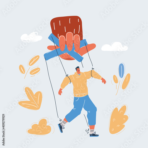 Vector illustration of man puppet, who under contorol of big hand