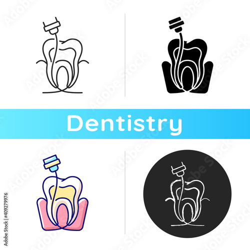Endodontics icon. Journal of endodontics. Instruments for dental treatment. Cosmetic dentistry. Dental surgery. Linear black and RGB color styles. Isolated vector illustrations