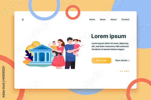 Bank product for family. Parents and little children, bank building, cash flat vector illustration. Deposit, saving, loan concept for banner, website design or landing web page