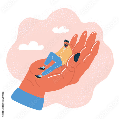 Vector illustration of man on big human female hand palm.