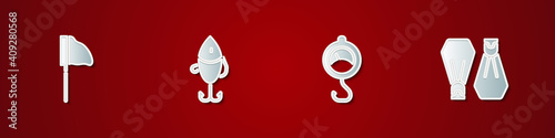 Set Fishing net with fish, lure, Spring scale and Rubber flippers for swimming icon. Vector.
