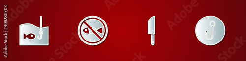 Set Fishing hook with fish, No fishing, Knife and icon. Vector.