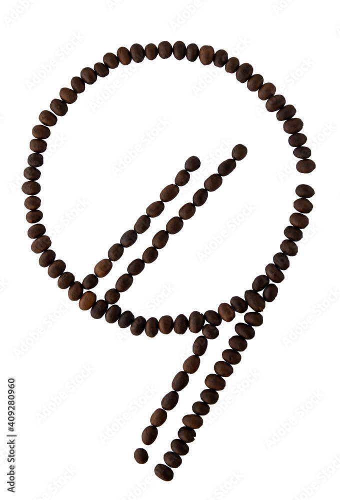 Number 9 made from roasted coffee seeds isolated on white background with clipping path from the top view can use for your messages. Selective focus. Number 9 made from roasted coffee seeds isolated on white background with clipping path from the top view can use for your messages. Selective focus.