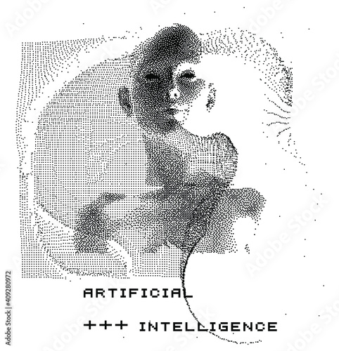 Human head made of the array of particles, pixelated and glitched portret of supreme artificial intelligence. Generative computer art.