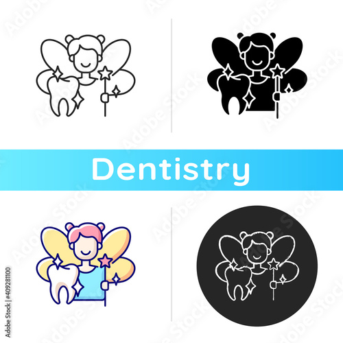 Pediatric dentistry icon. Painless treatment for dental problems. Happy children with healthy teeth. Cosmetic dentistry. Linear black and RGB color styles. Isolated vector illustrations