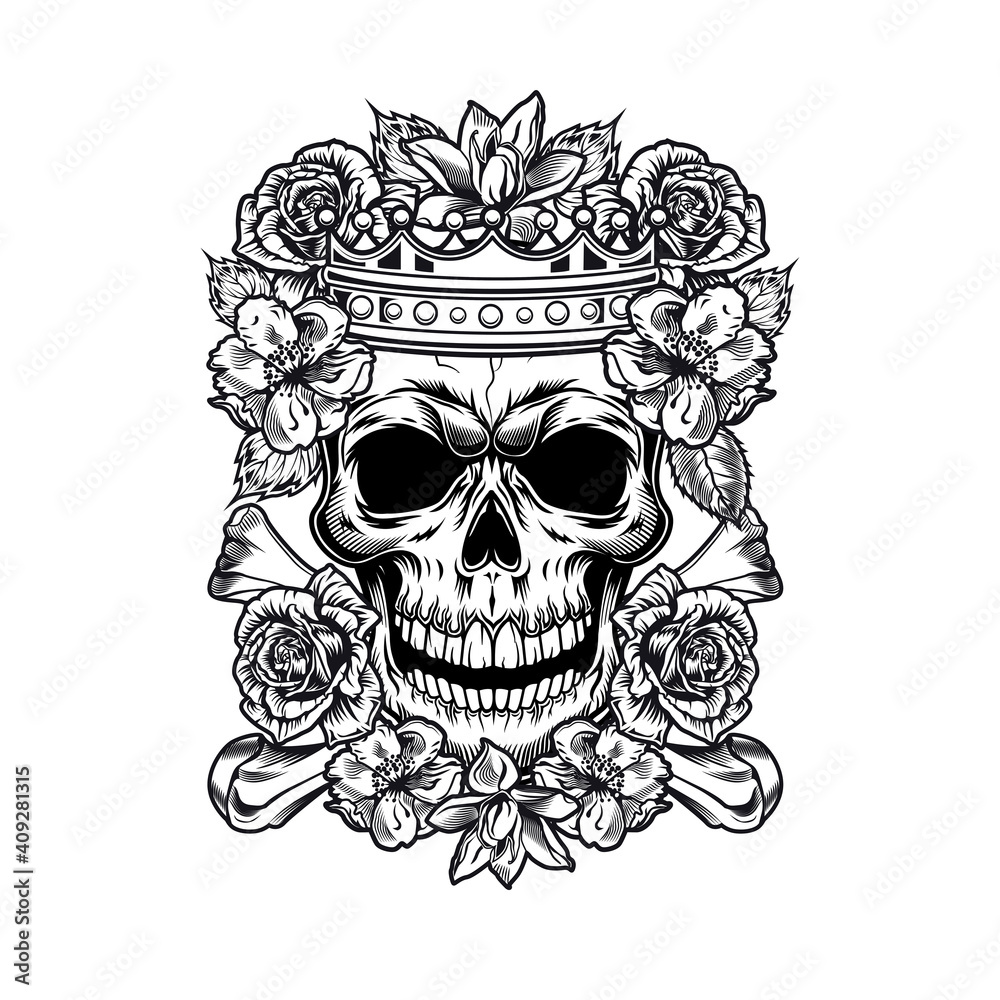 Vintage king or queen skull in roses vector illustration. Monochrome ...