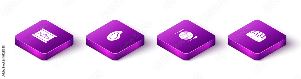 Set Isometric Canned fish, Mussel, Served crab on plate and Sushi icon. Vector. Set Isometric Canned fish, Mussel, Served crab on plate and Sushi icon. Vector.