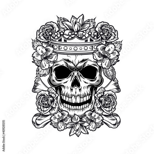 Vintage king or queen skull in roses vector illustration. Monochrome regal skull in flowers wearing crown. Tattoo design and monarchy concept can be used for retro template, banner or poster