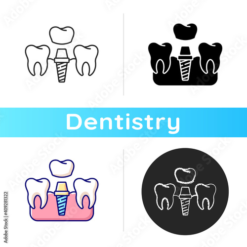 Dental implants procedure icon. Tooth recovery process. Dental surgety. Proffesional cosmetics stomatology. Linear black and RGB color styles. Isolated vector illustrations