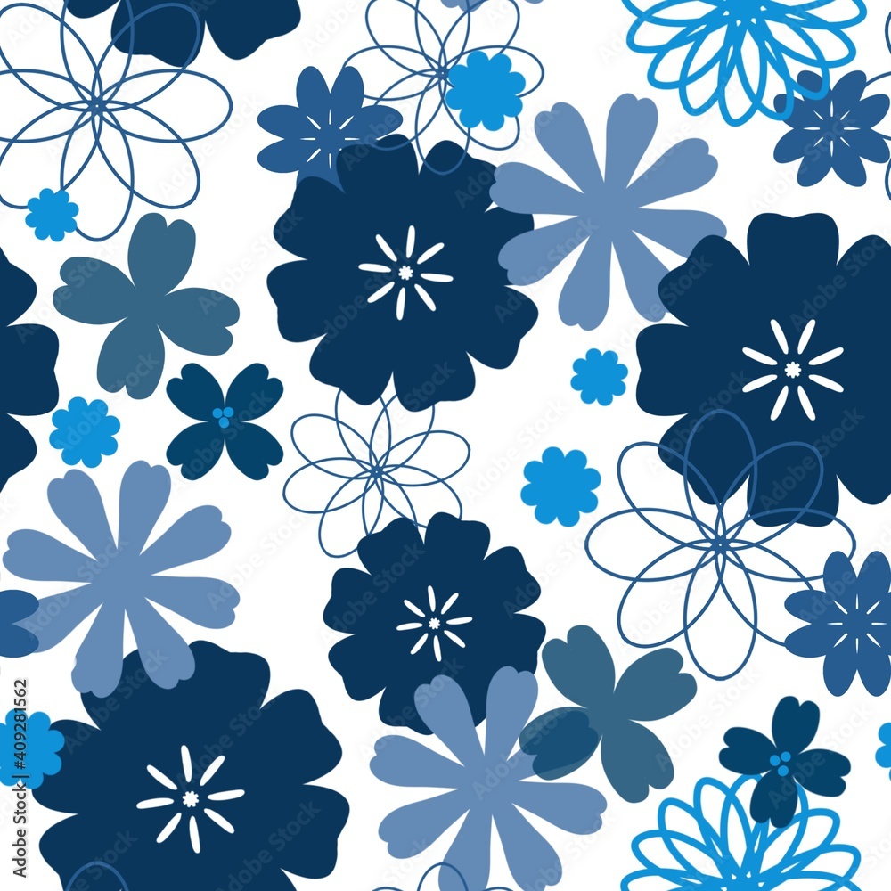seamless pattern decorative blue flowers on white background, beautiful wallpaper, for textiles or paper for scrapbooking
