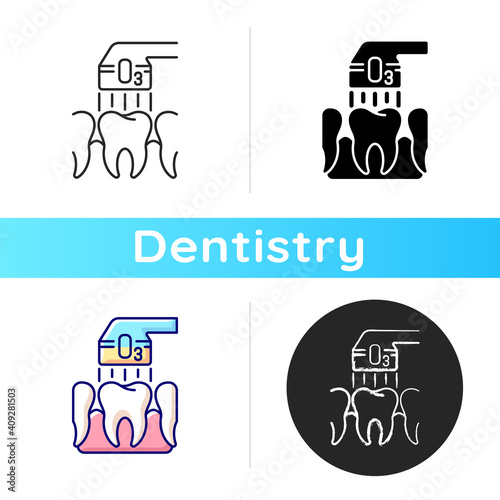 Ozone dentistry, RGB, color, icon. Professional stomatology occupation. Tooth care. Special tools using, dental, treatment. Linear black and RGB color styles. Isolated vector illustrations