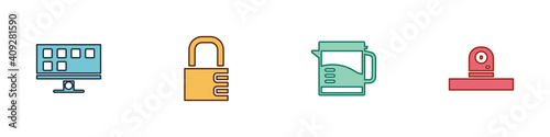 Set Smart Tv, Safe combination lock, Electric kettle and Security camera icon. Vector.