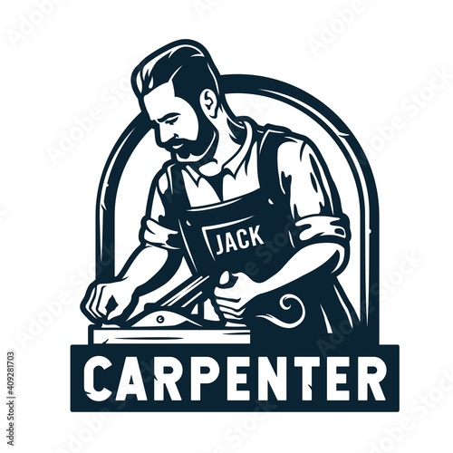Silhouette of bearded carpenter. Woodworker with jointer in his hands. Monochrome logo of wood carving