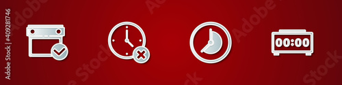 Set Calendar with check mark, Clock delete, and Digital alarm clock icon. Vector.