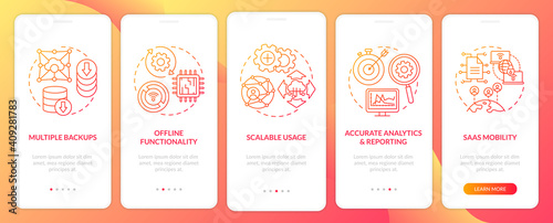SaaS pros onboarding mobile app page screen with concepts. Multiple backups, scalable usage walkthrough 5 steps graphic instructions. UI vector template with RGB color illustrations