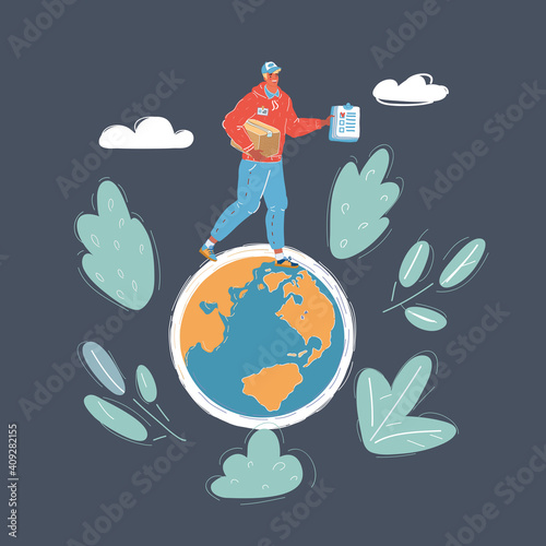 Vector illustration of man walking on the earth globe on dark backround.