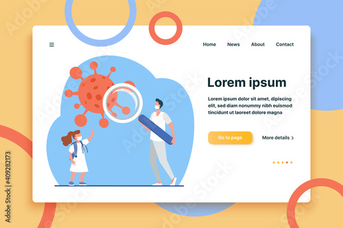 Doctor and little girl studying virus with magnifier. Coronavirus, mask, pandemic flat vector illustration. Medicine and examination concept for banner, website design or landing web page