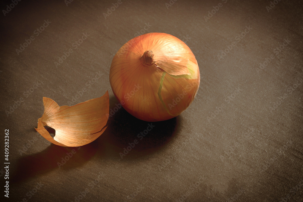 Onion on a dark background with skin as a still life