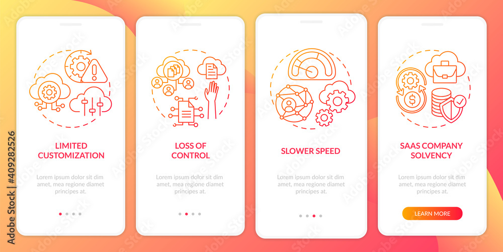 Fototapeta premium SaaS difficulties onboarding mobile app page screen with concepts. Company solvency, data access loss walkthrough 4 steps graphic instructions. UI vector template with RGB color illustrations