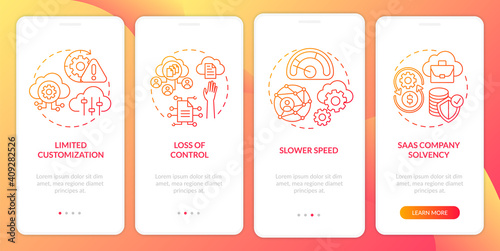 SaaS difficulties onboarding mobile app page screen with concepts. Company solvency, data access loss walkthrough 4 steps graphic instructions. UI vector template with RGB color illustrations