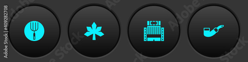 Set Garden pitchfork, Chestnut leaf, Hotel Ukraina building and Smoking pipe icon. Vector.