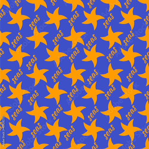 Best and brightest abstract stars seamless pattern. With the inscription sea. Orange on a blue background.