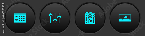 Set Drum machine, Music equalizer, Sound mixer controller and wave icon. Vector.