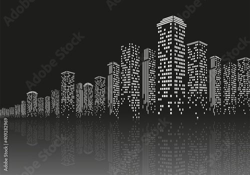 Urban night modern landscape, black and white silhouette with shadow, vector image in flat design.