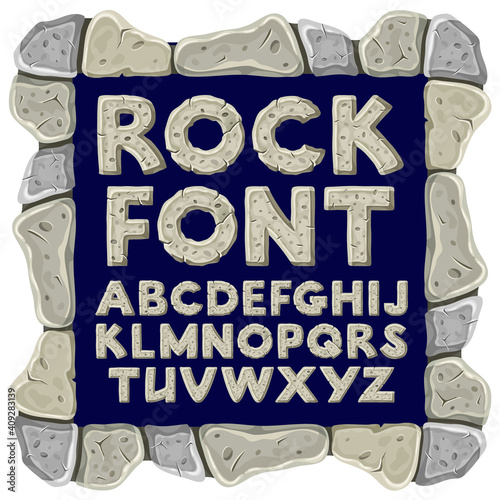 Cartoon rock alphabet font. Stone age writing. Capital letters isolated on dark background. Vector objects. 