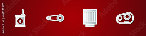 Set Canister for motor oil, Timing belt kit, Car air filter and headlight icon. Vector.