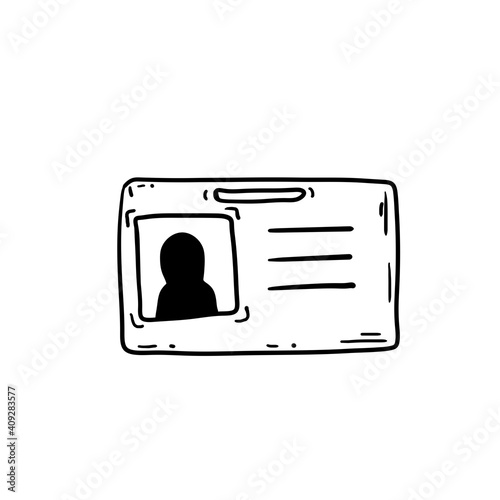 Badge and ID card. Identity of the reporter and the employee. Doodle plastic card with photo and information. Sketch cartoon