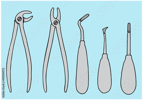 Dental surgical forceps for the upper and lower jaws and elevators for tooth extraction.