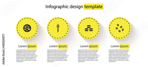 Set Cookie or biscuit, Honey dipper stick, Macaron cookie and Coffee beans. Business infographic template. Vector.