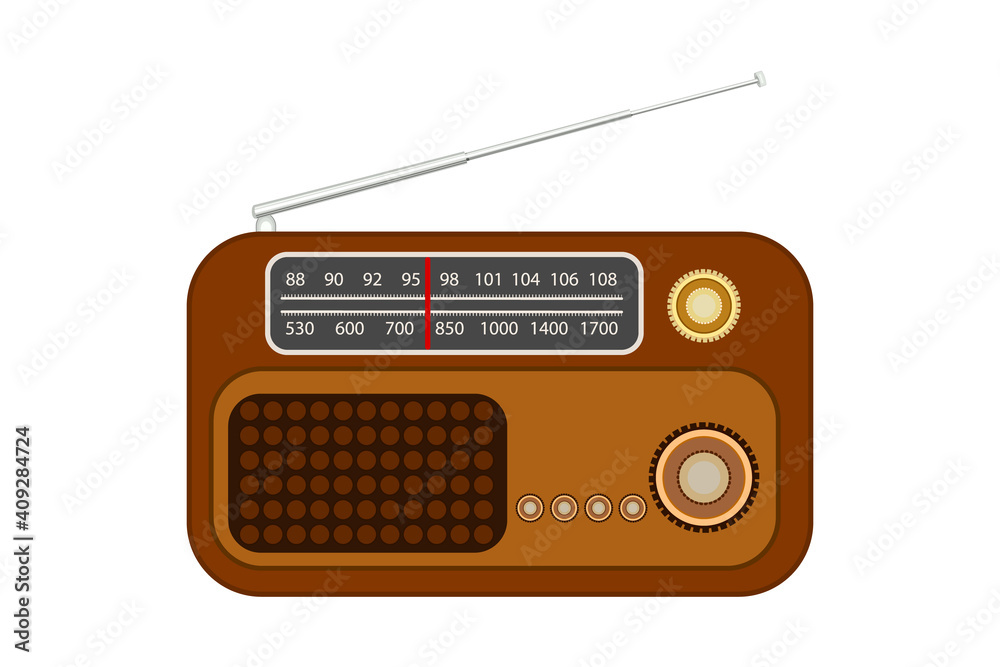 Old radio with antenna isolated on white background.Vintage portable radio receiver.World Amateur Radio Day. Technology for information broadcasting. FM recorder.Retro gadget.Stock vector illustration Old radio with antenna isolated on white background.Vintage portable radio receiver.World Amateur Radio Day. Technology for information broadcasting. FM recorder.Retro gadget.Stock vector illustration