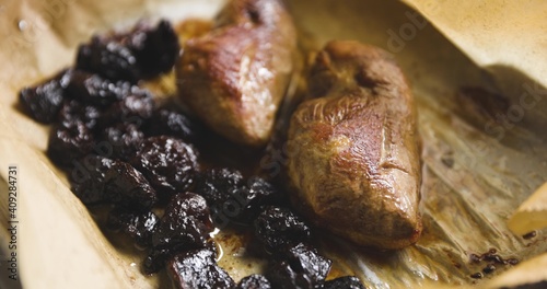 Roast duck breast with plums prepared motion footage